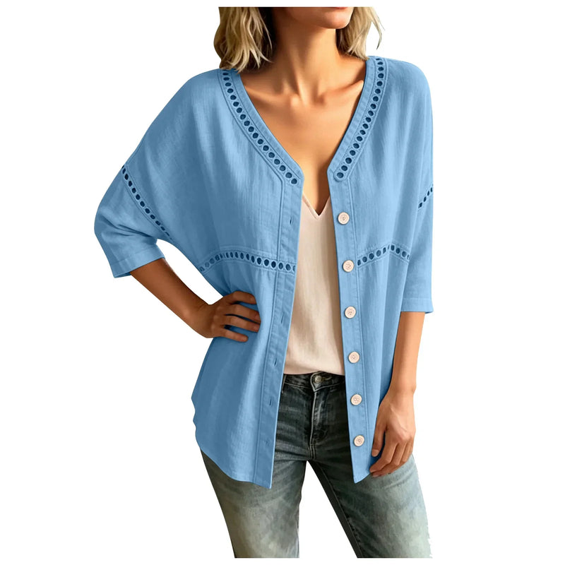 Cardigan Marelia em Linho de Algodão com Detalhes Vazados e Decote Em V